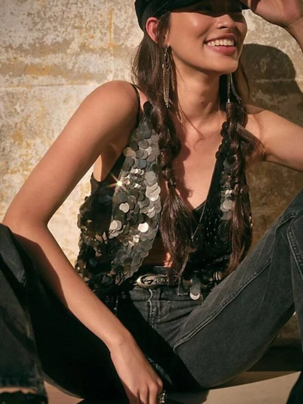 NWT Free People Women's Metallic Disc Coin Vest Harness Metal Silver Medium
